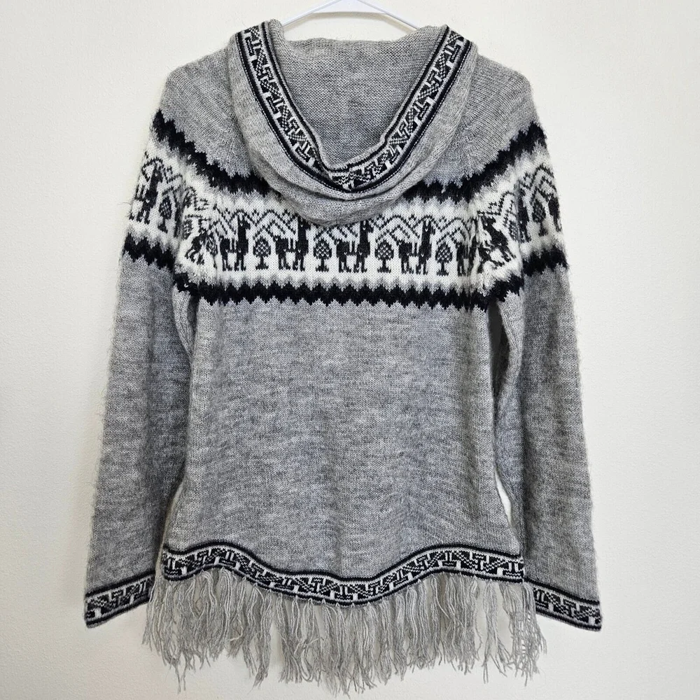 Alpaca Connection Sweater Womens Size M Gray Wool Hooded Pullover Fringe Pocket - Picture 2 of 16